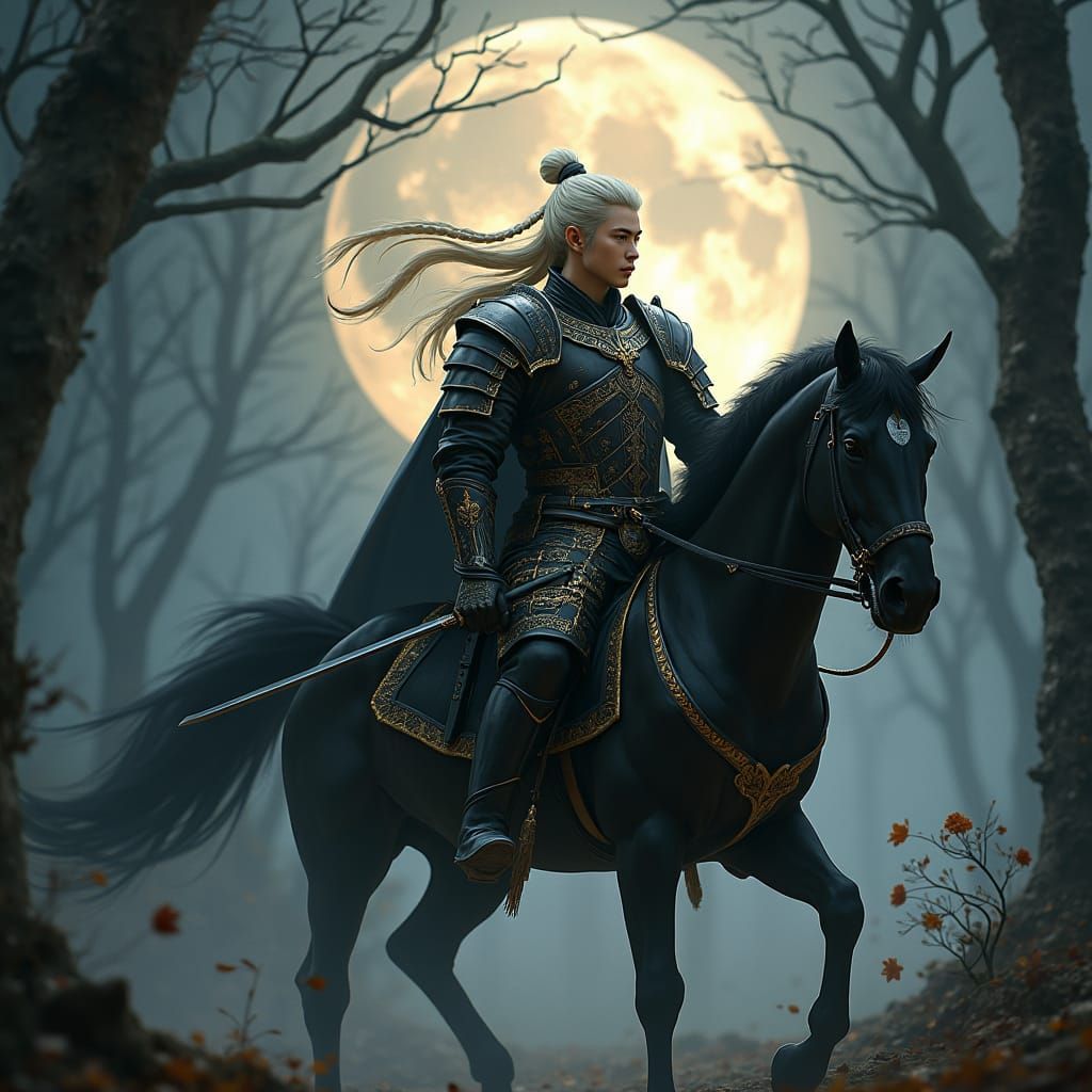 Asian Warrior in Ornate Armor on Horseback