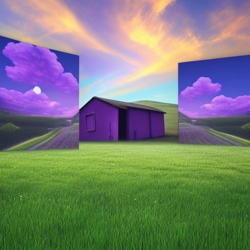 Purple Door in Green Field with Glowing Sky