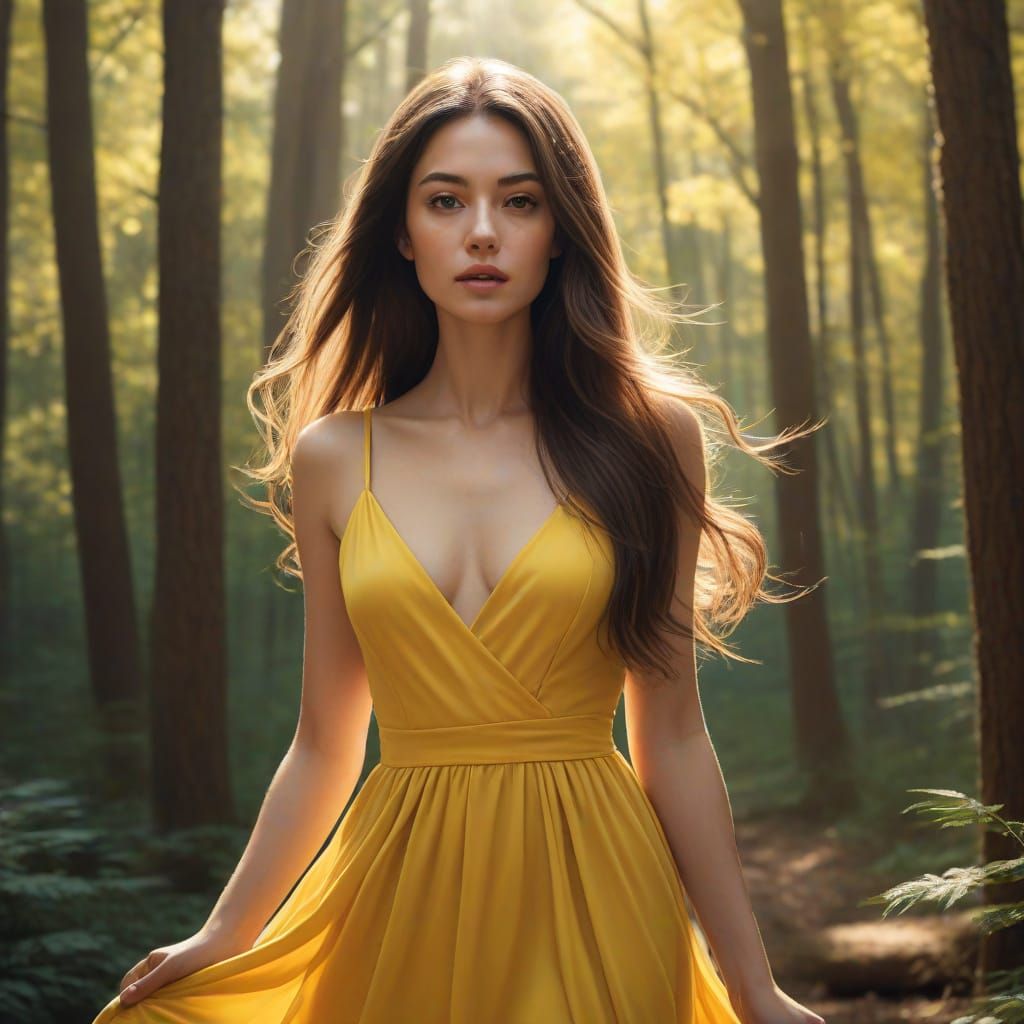 Woman in Yellow Dress in Forest, Digital Painting
