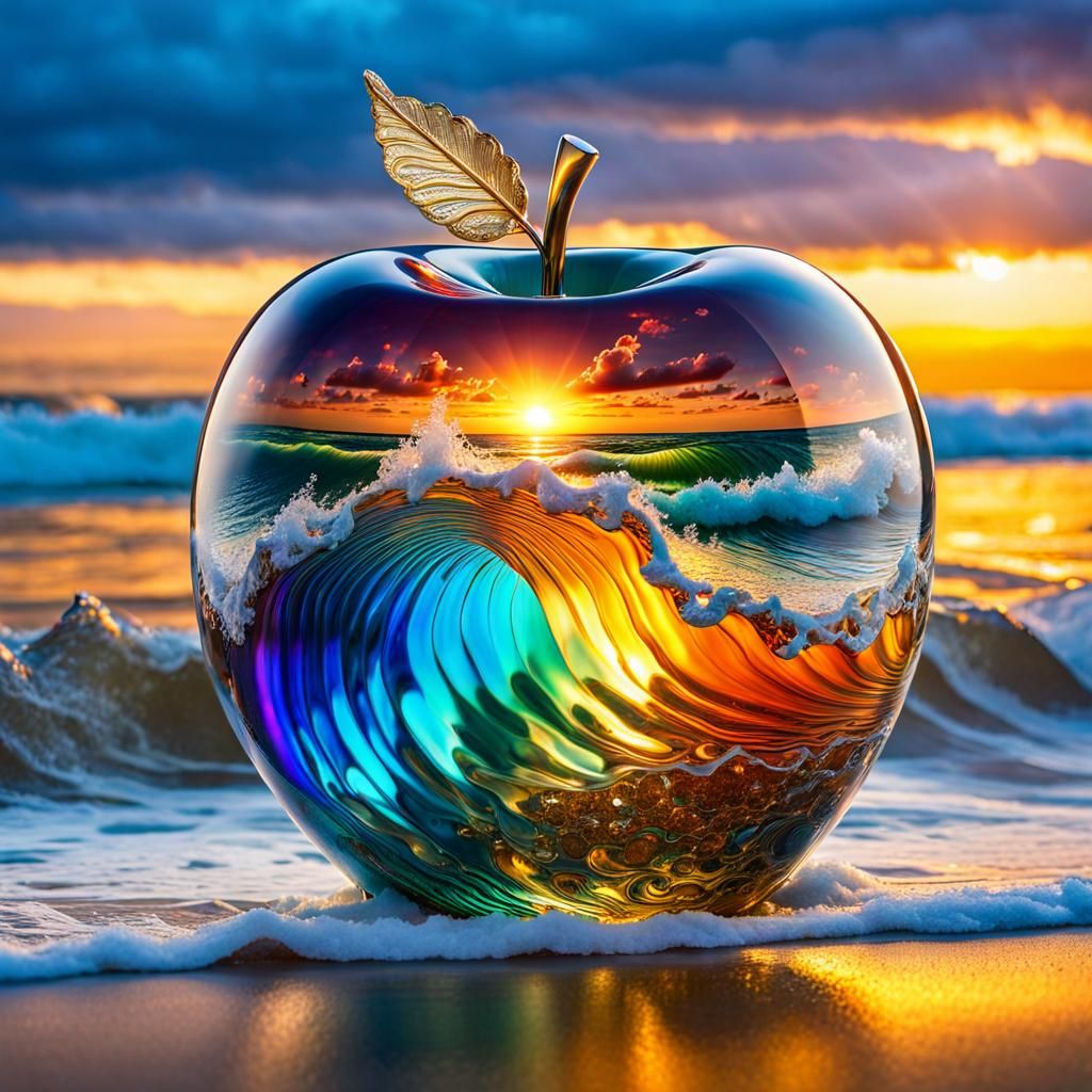Beautiful Ocean Waves in a Crystal Glass Apple