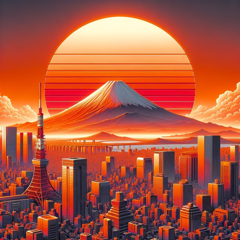 Retro Futuristic Tokyo With Mt Fuji At Sunset