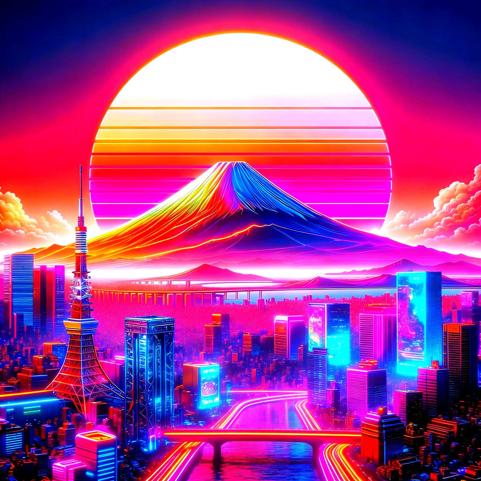 Retro Futuristic Tokyo With Mt Fuji At Sunset
