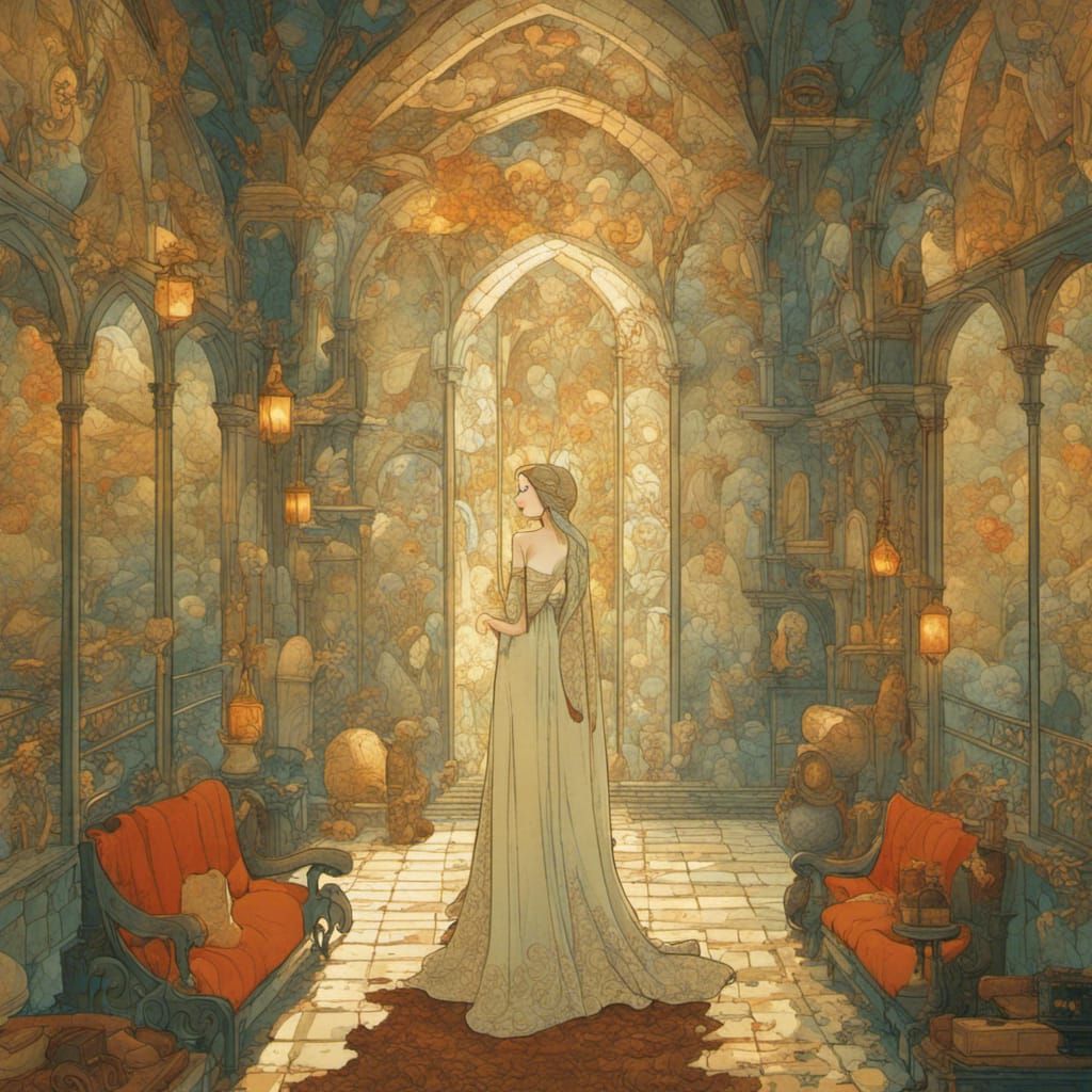 Medieval Princess in Castle Room, Illustrative Style
