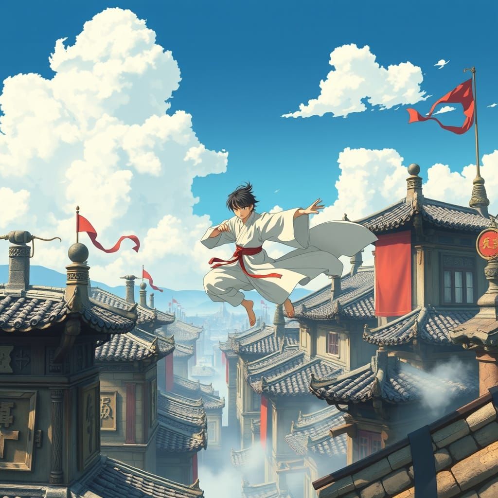 Martial Artist Leaps Across Rooftops: Ghibli-Inspired Scene