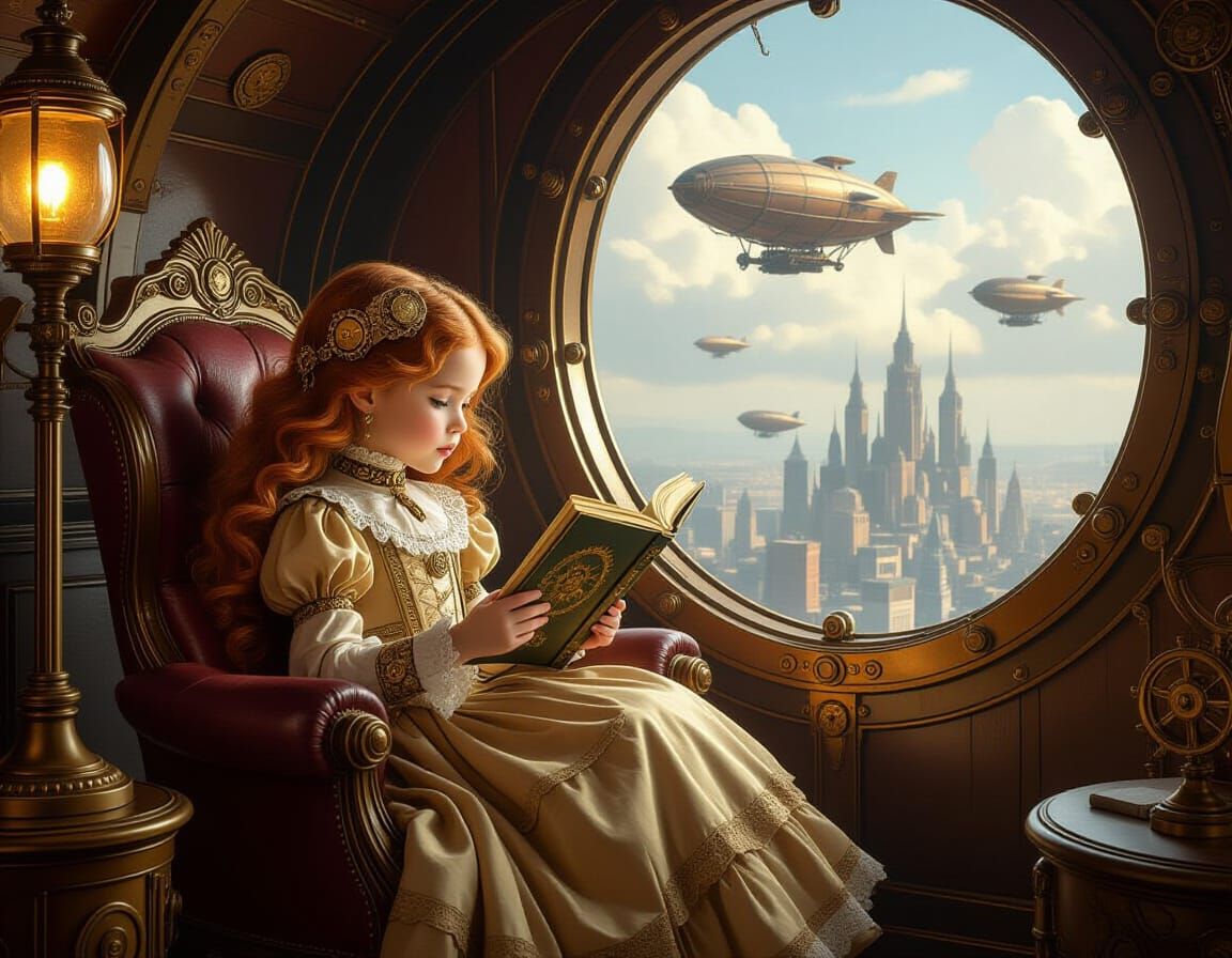 Steampunk Girl Reading in Airship Cabin