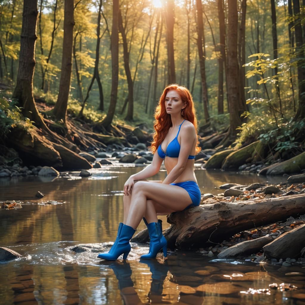 Ginger Woman in Blue Bikini by River at Sunset