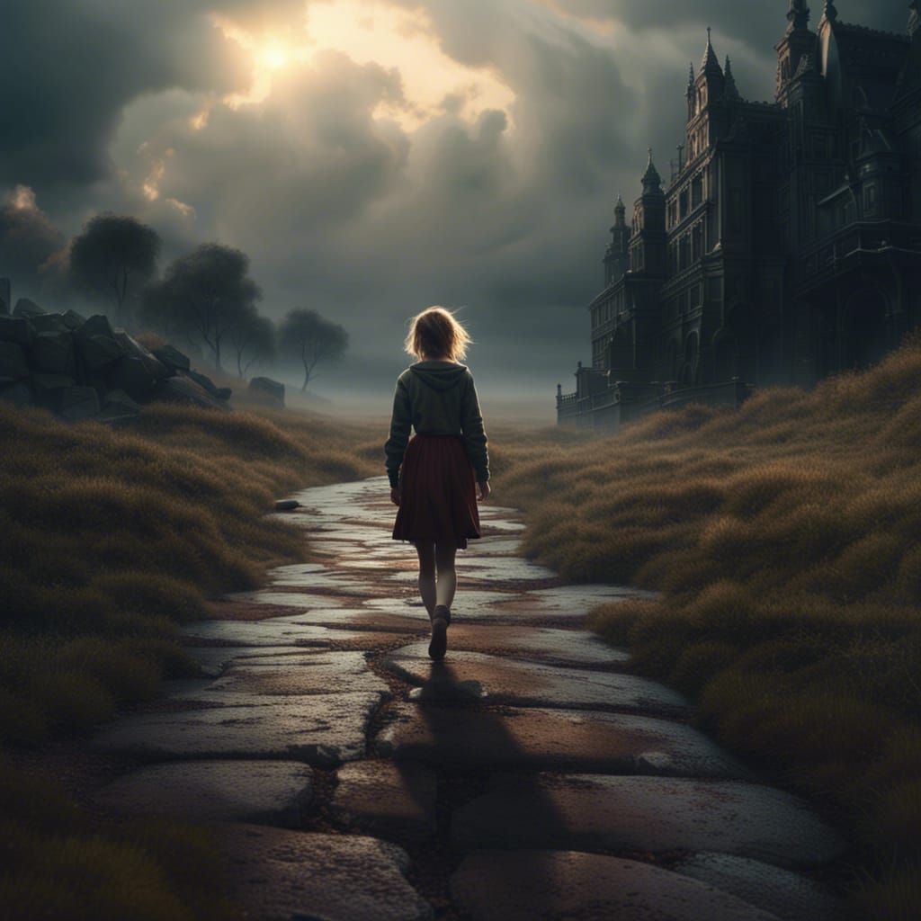 Lonely Girl Walking: Dramatic Digital Matte Painting