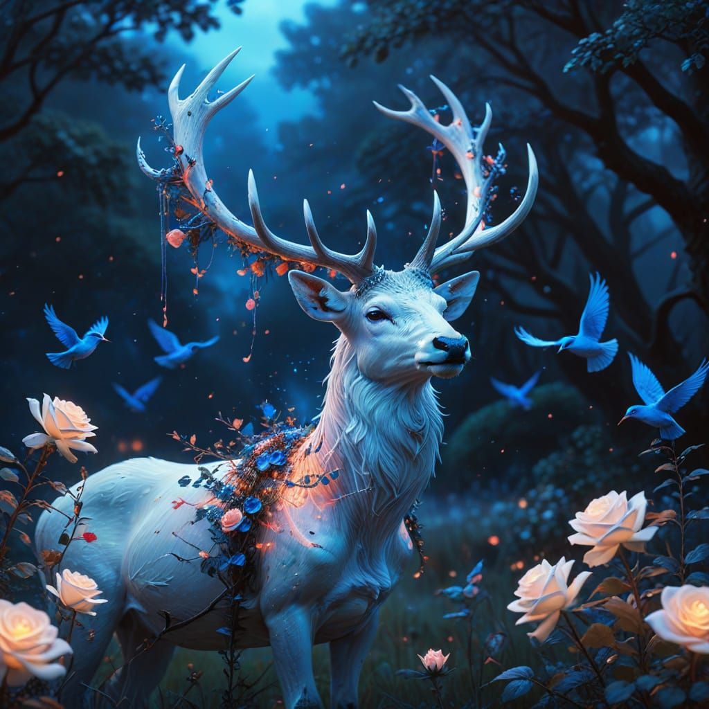 Luminous White Stag with Roses, Digital Art
