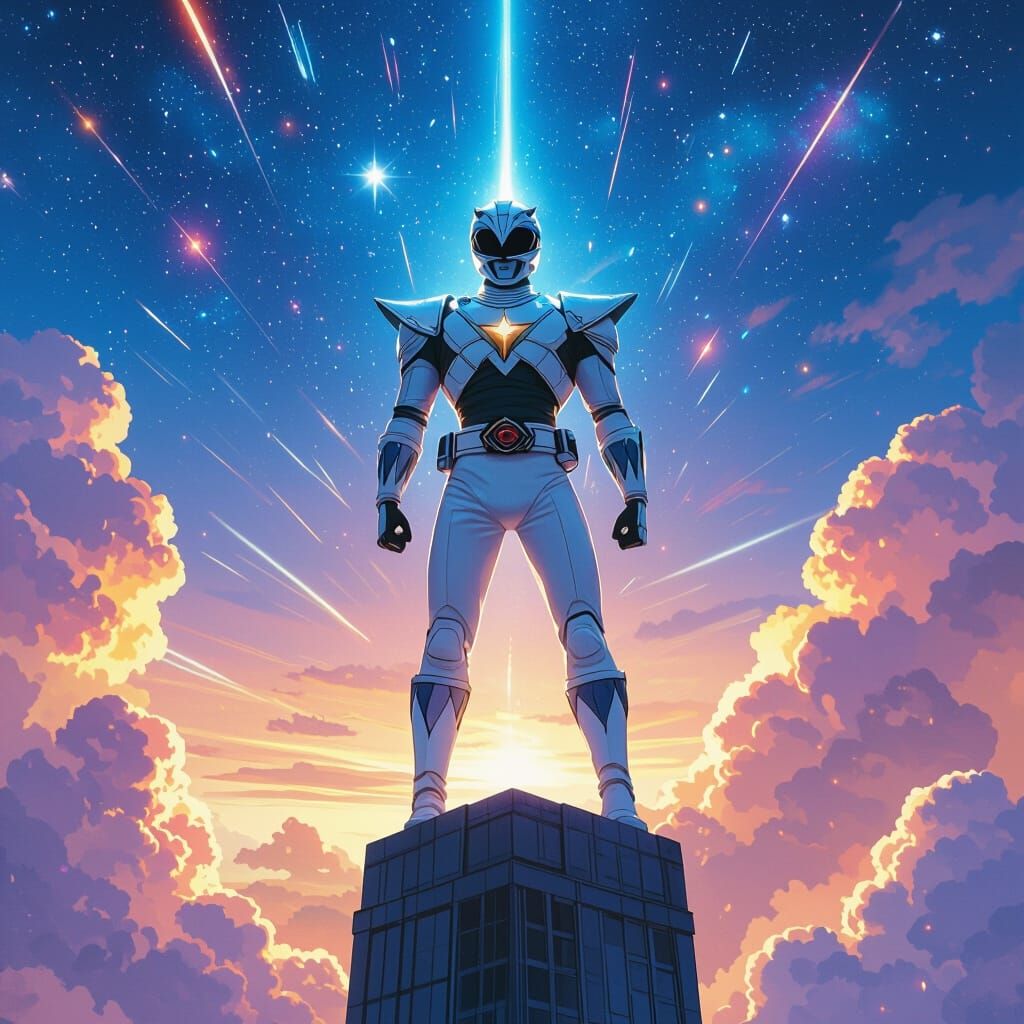 White Ranger in Devastated Cyberpunk Cityscape