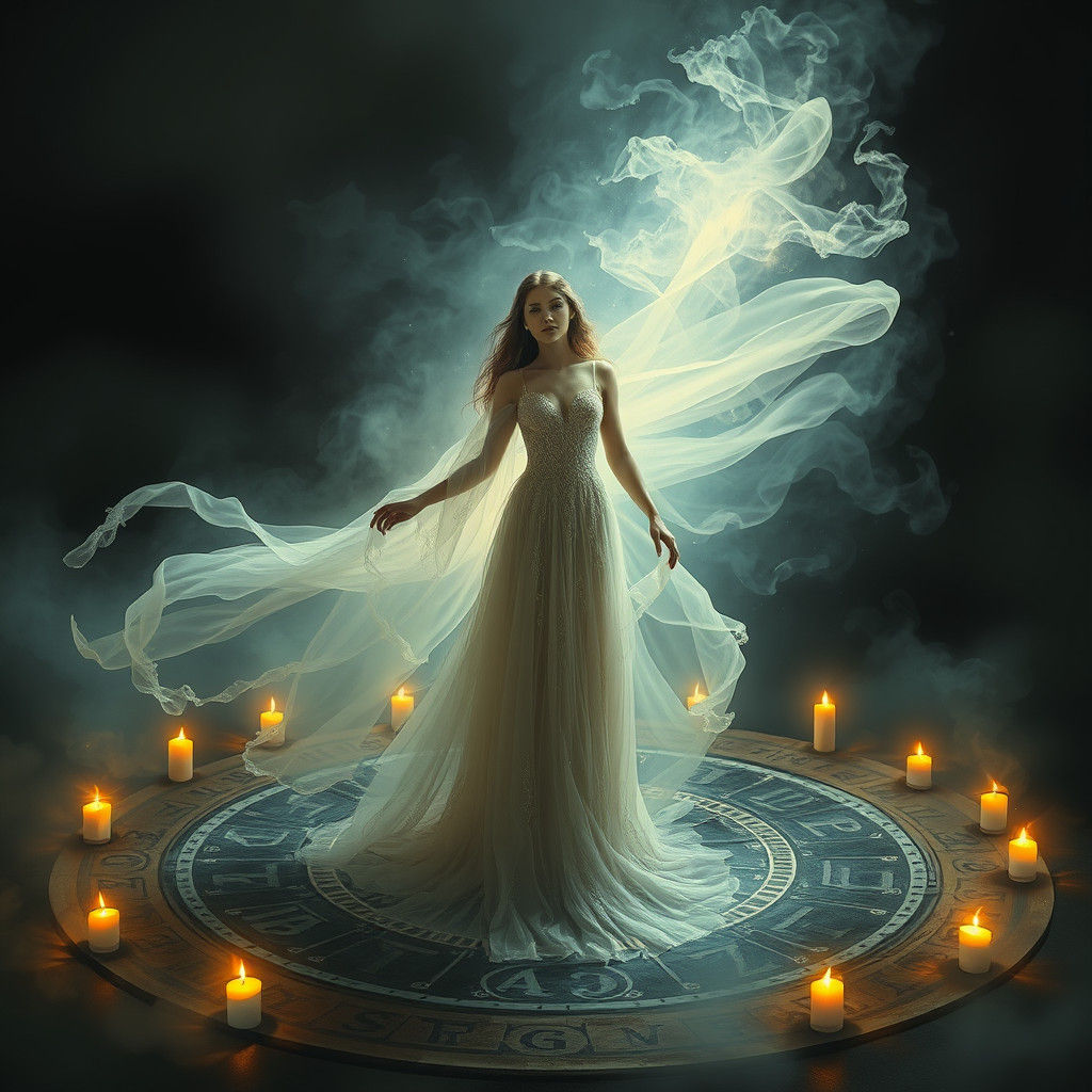Ethereal Woman in Mystical Circle, Glowing with Ancient Rune...