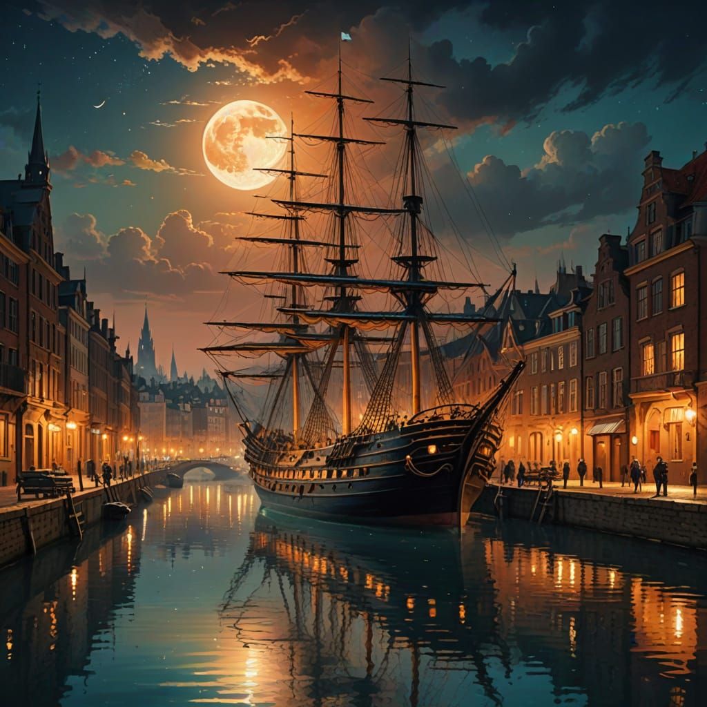 Historic European Cityscape at Night with Majestic Sailing S...