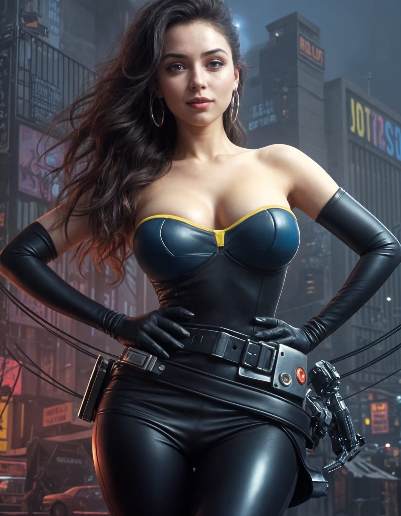 Woman Posing in Neon Cyberpunk Street