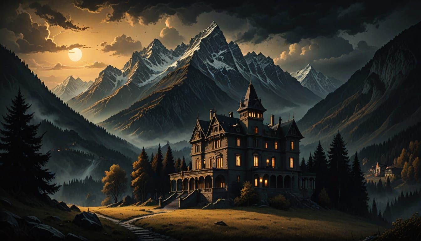 Mansion in Alps Under Black Sun: Dark Fantasy Oil Painting