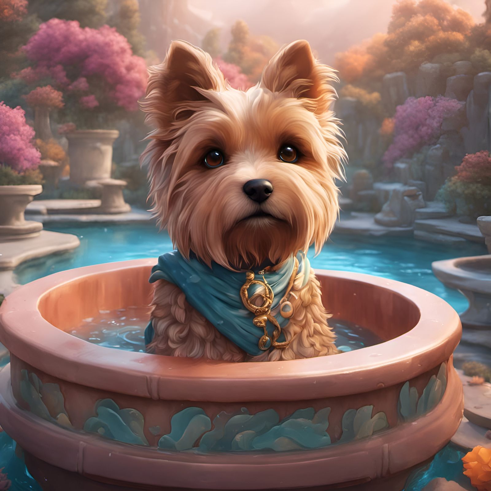 Chibi Dog in Hot Tub: Detailed Digital Art
