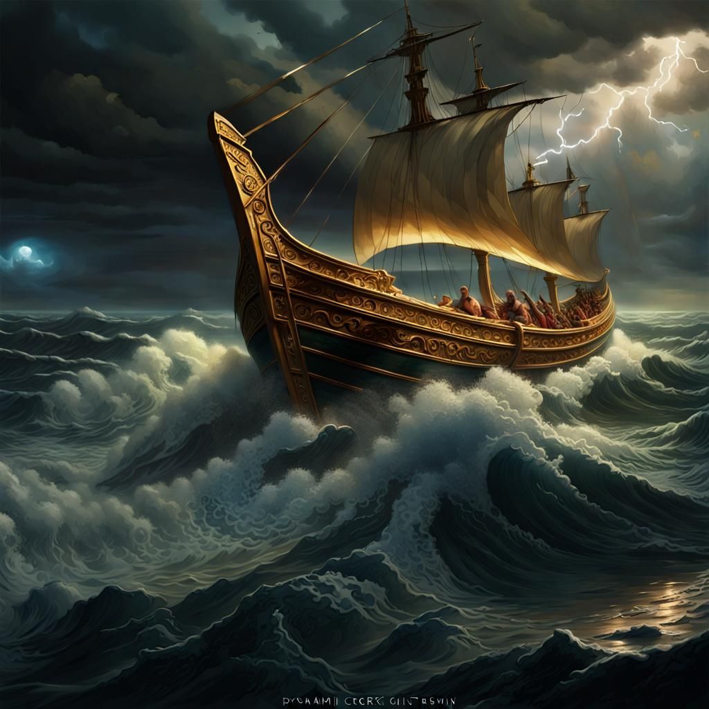 Zeus Strikes Ulysses' Ship: Hyperrealistic Dark Fantasy