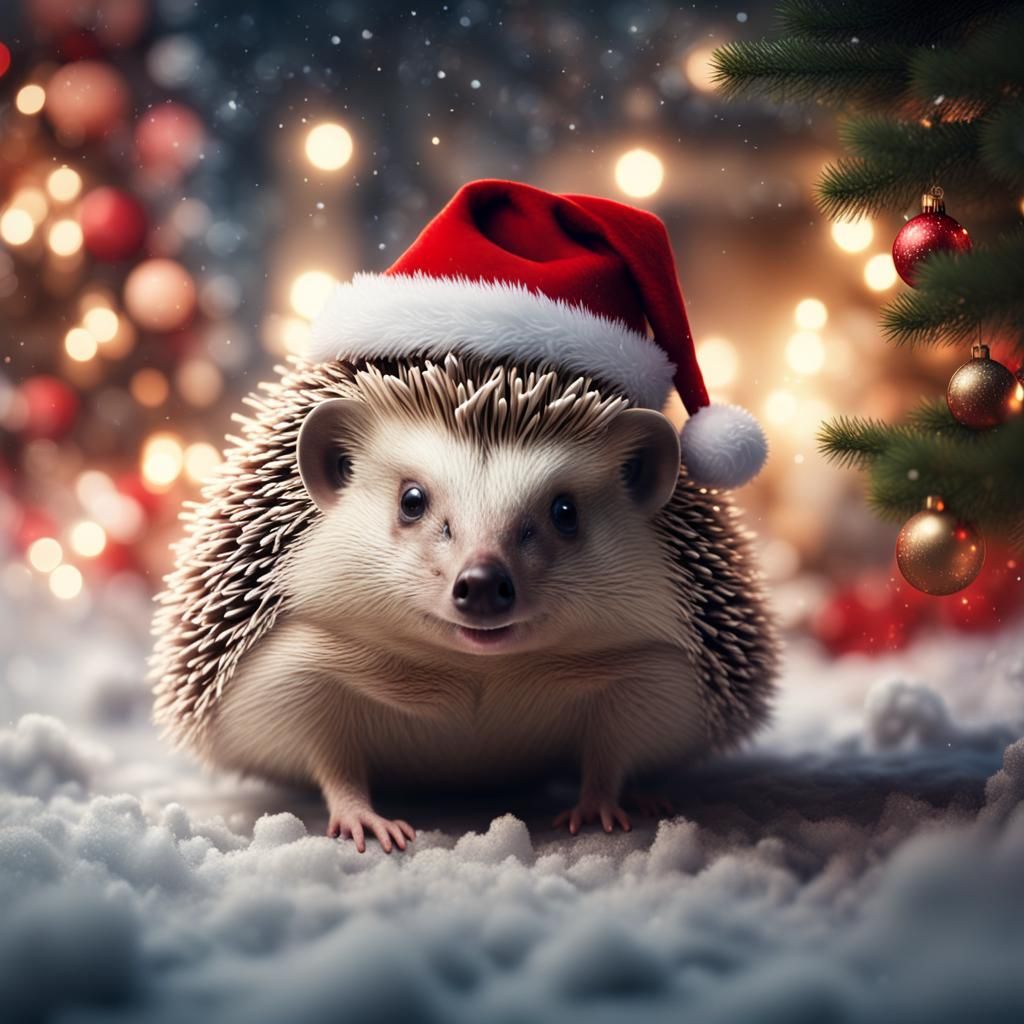 Hedgehog in Santa Hat Under Christmas Tree