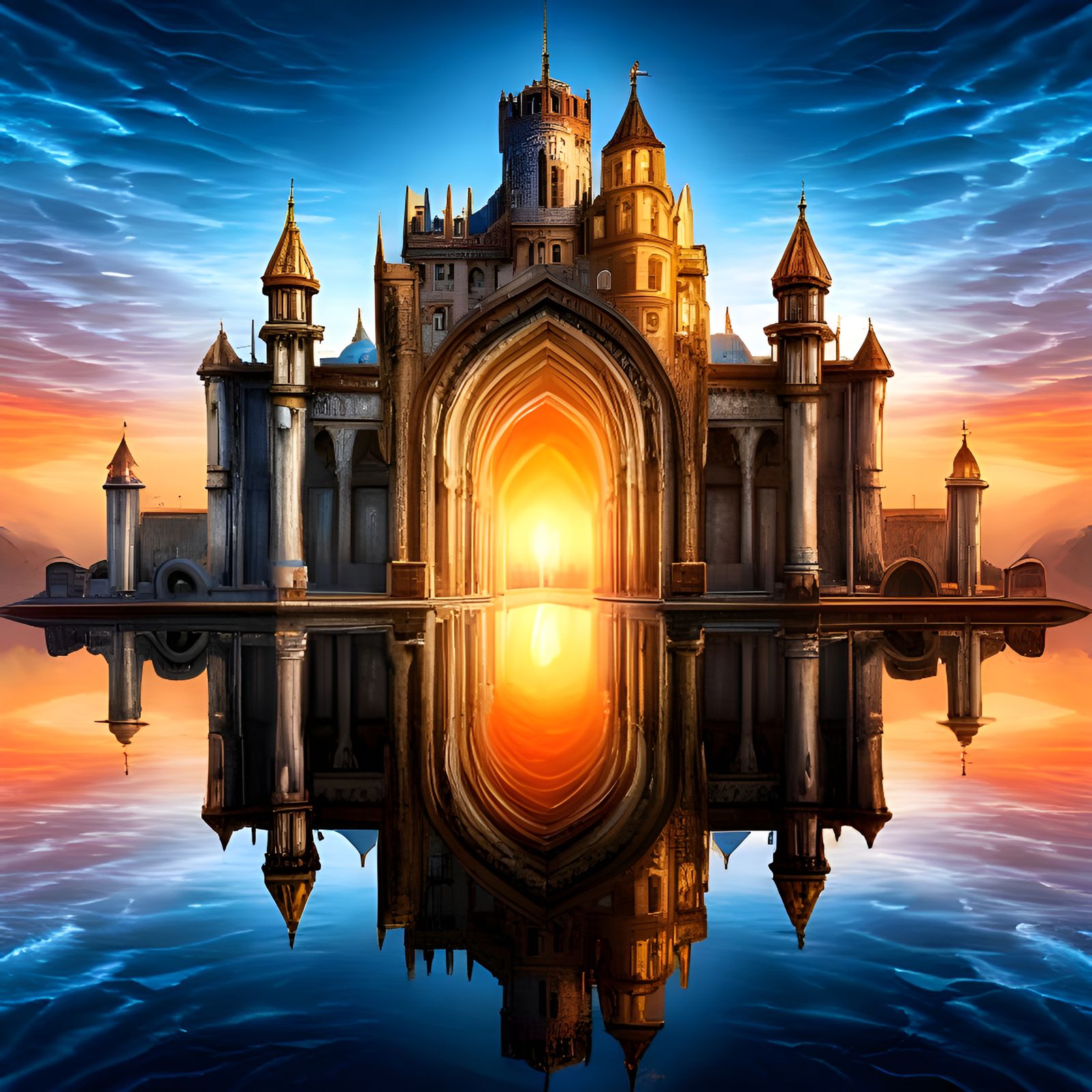 Fantasy Mirror Castle Water Reflection in 8K