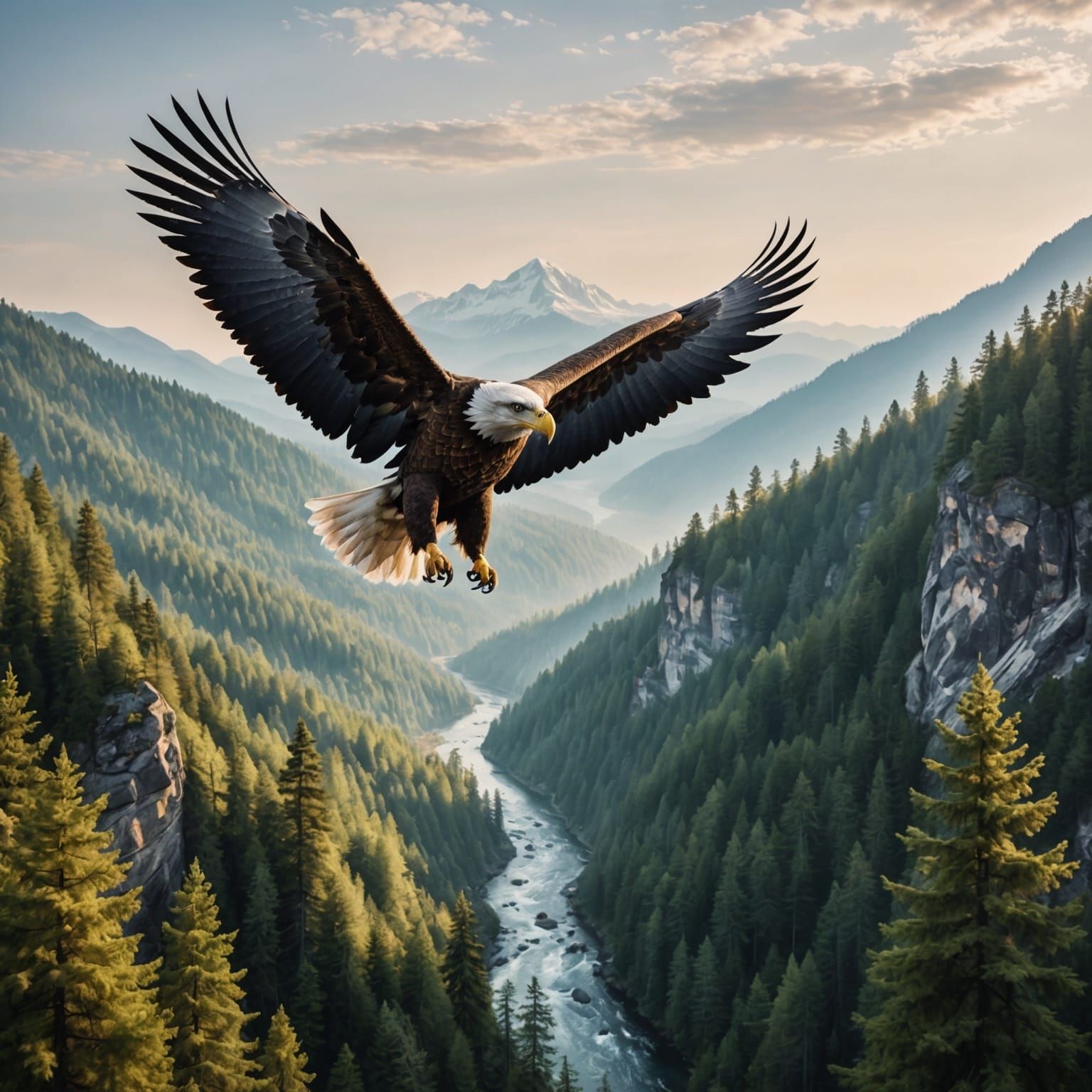 A detailed majestic eagle flying over scenic forest landscape.  Made out of tulle fabric art. Minimalist.  Colorful.  A ...