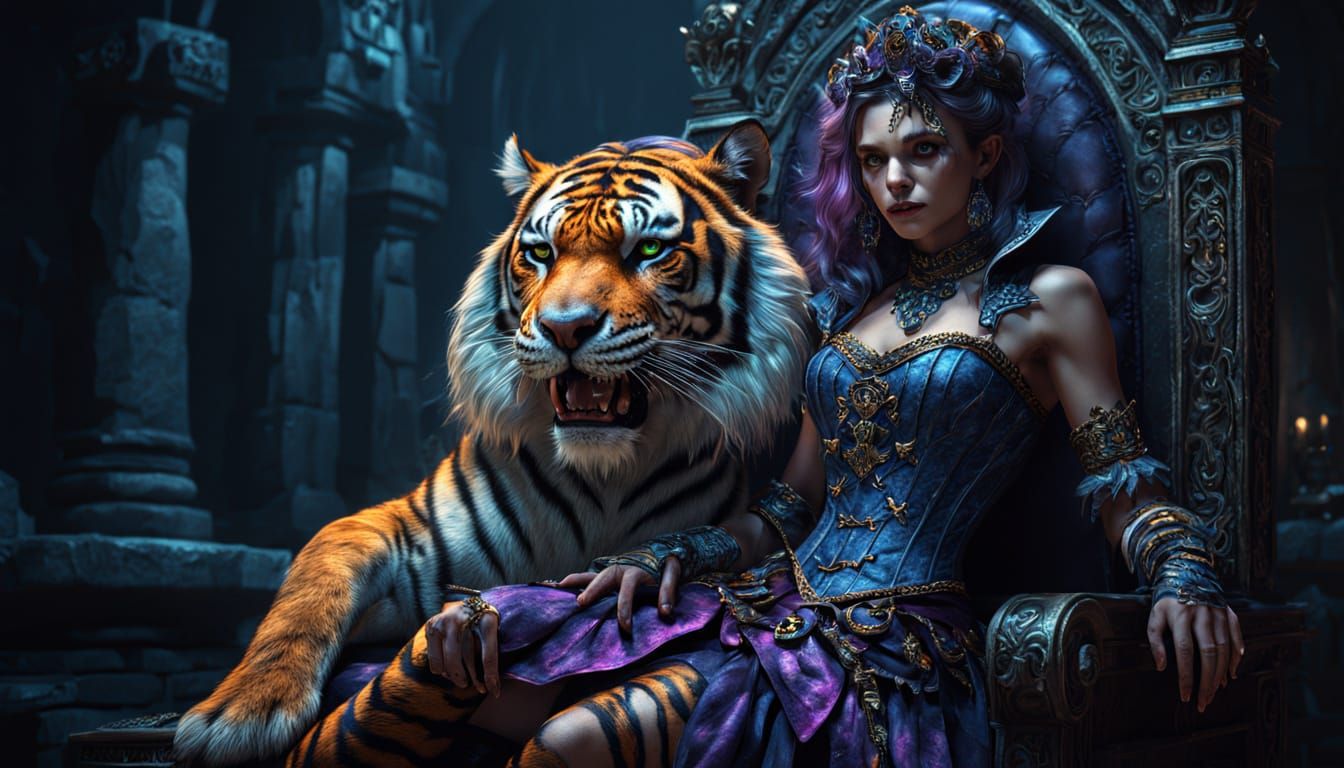 Vampire Pirate Witch Sits on Throne Beside Sabre Tooth Tiger...