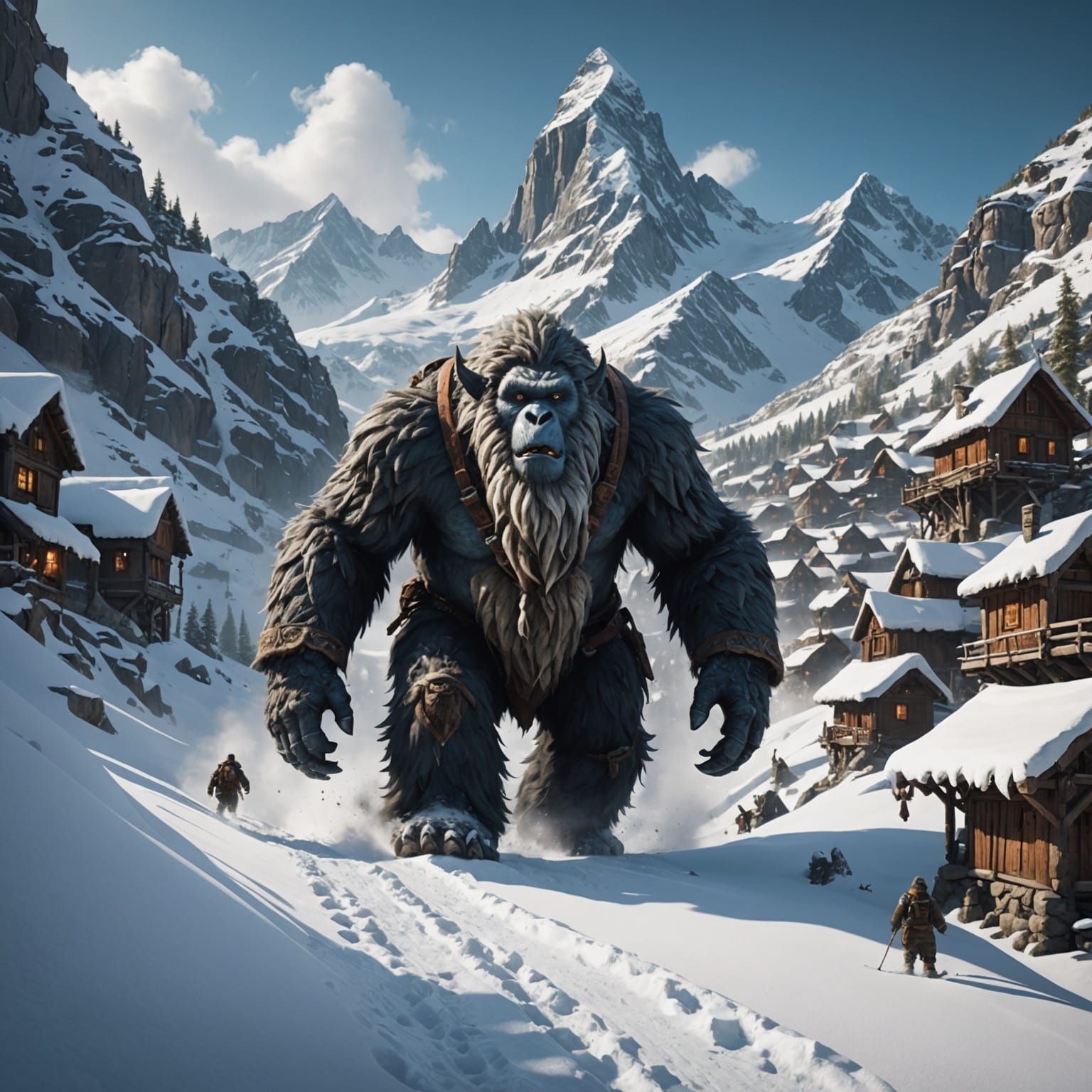 Yeti Descends Snowy Mountain in Detailed Matte Painting