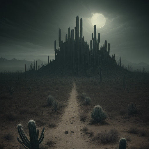 Dark Fantasy Desert Landscape with Twisted Cacti