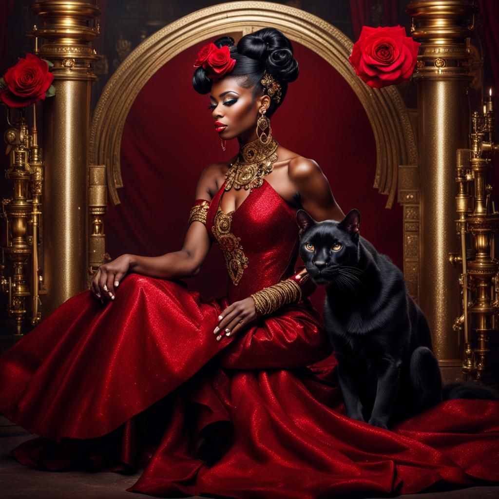 Goddess in Red Gown with Steampunk Panther