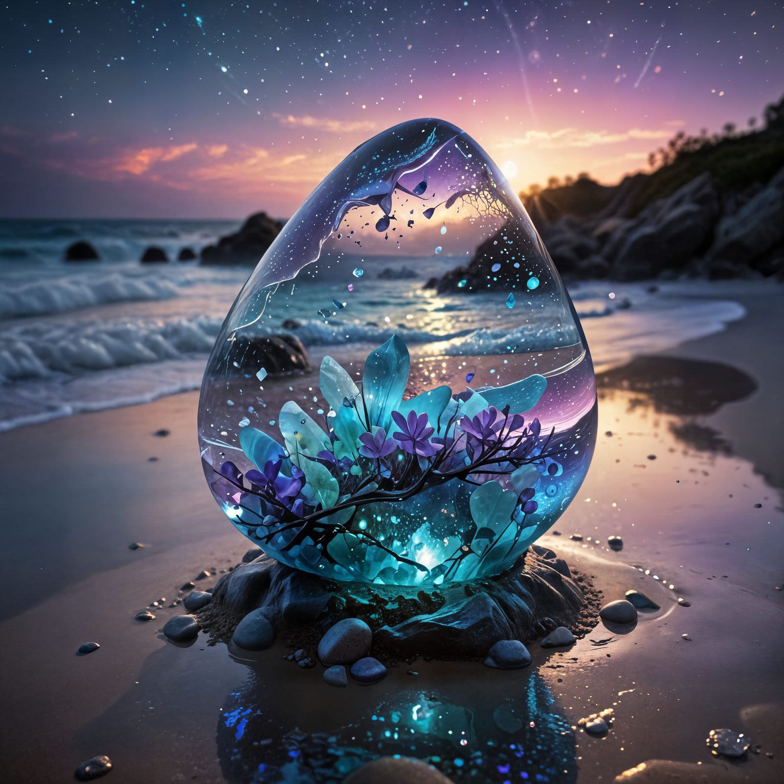 Seaglass Sculpture on Moonlit Shore