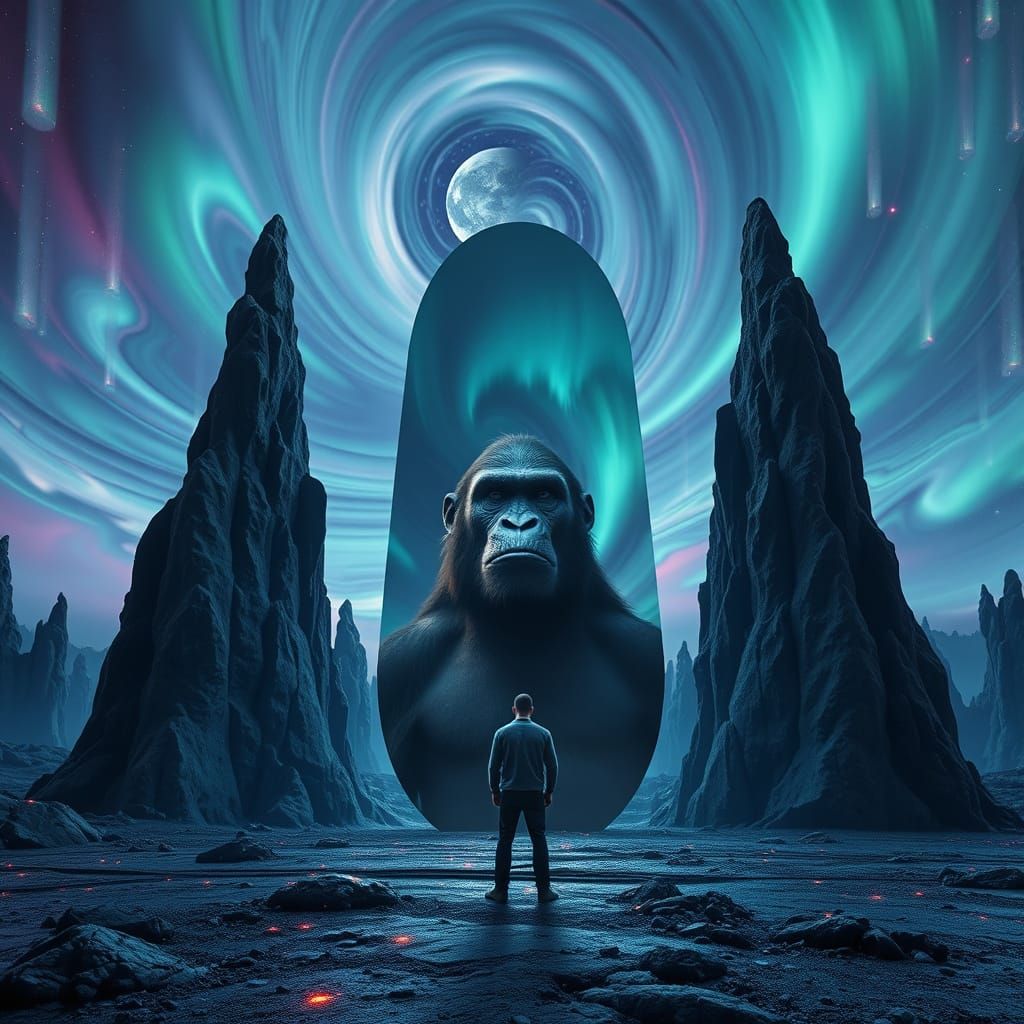 Colossal Mirror Reflecting Neanderthal Under Aurora Sky