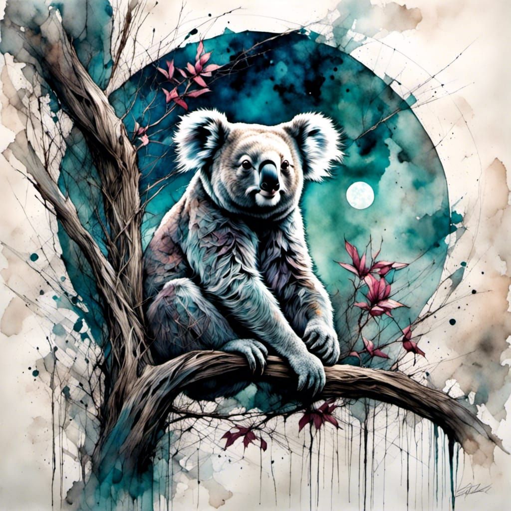 Koala Bear Under Full Moon in Colorful Forest