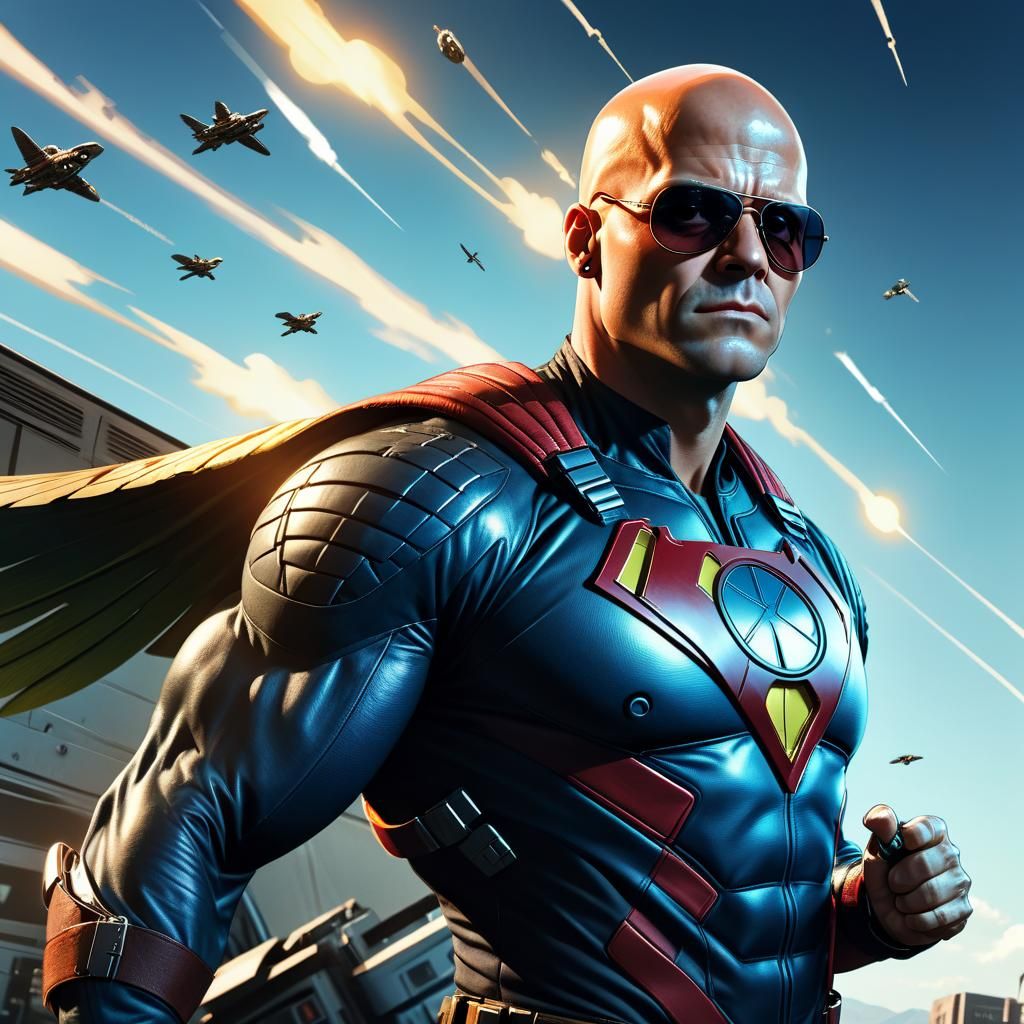 Bald Superhero with X-Ray Vision in Comic Book Style
