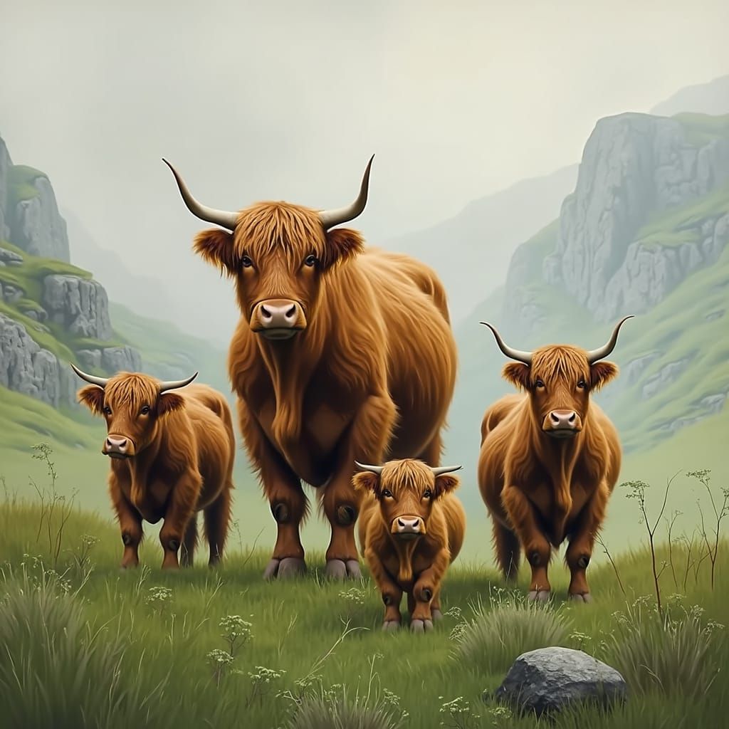 Highland Cow in Misty Moor, Romantic Painting