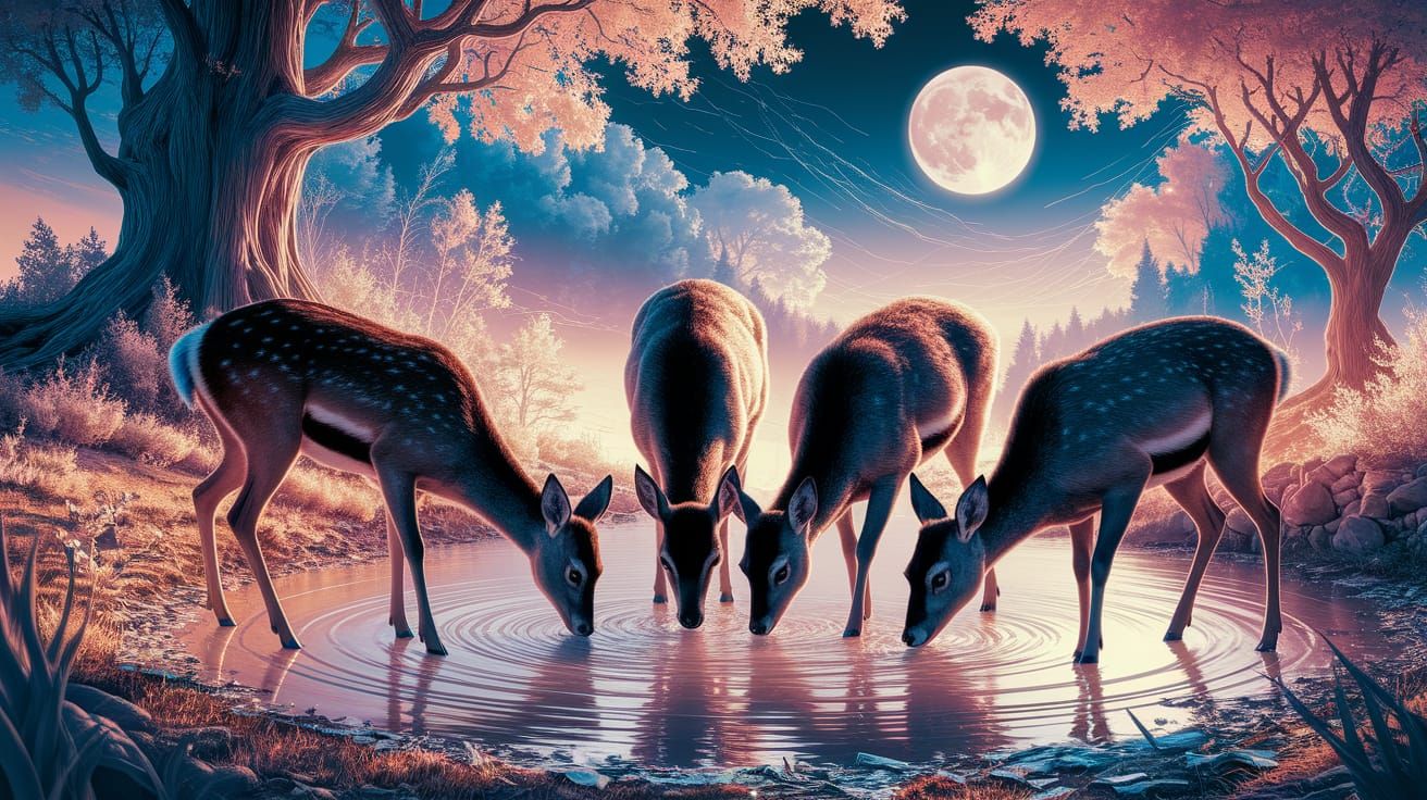 Deer at Silvery Pond in Moonlit Forest