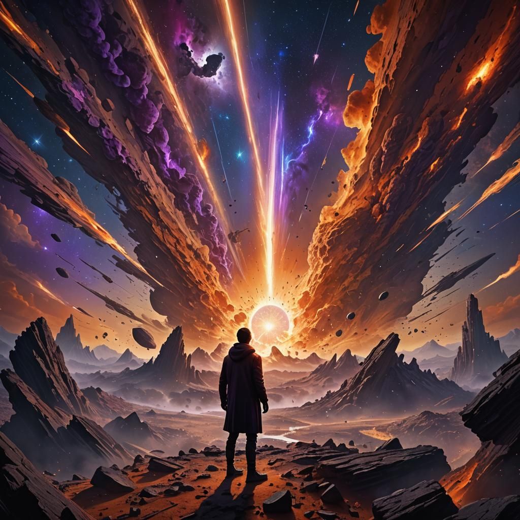 Cosmic Horror: Shadowy Figure Amidst Exploding Universes