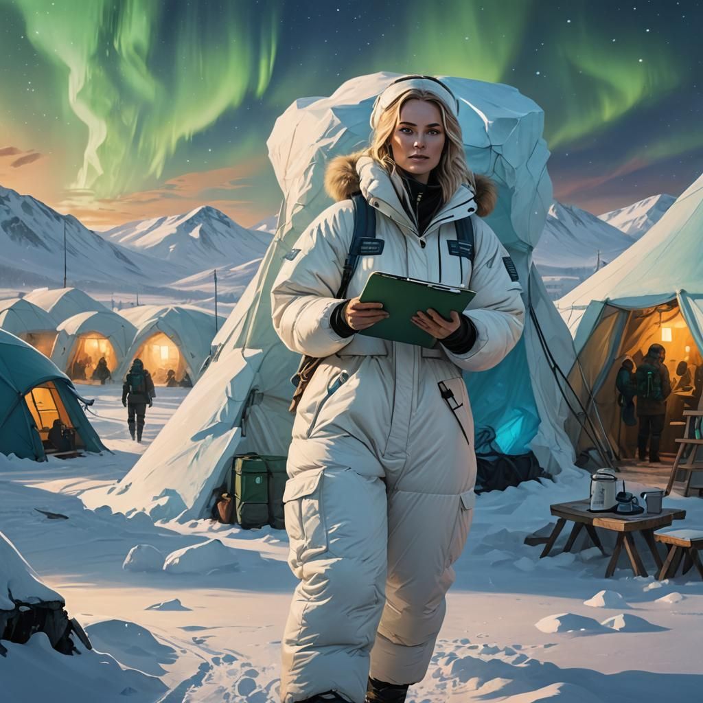 Arctic Base Camp Woman in High-Fantasy Style