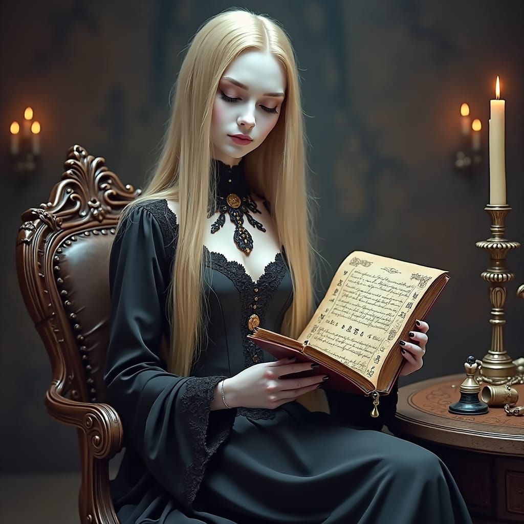 Gothic Woman Reads Alchemist Manuscript