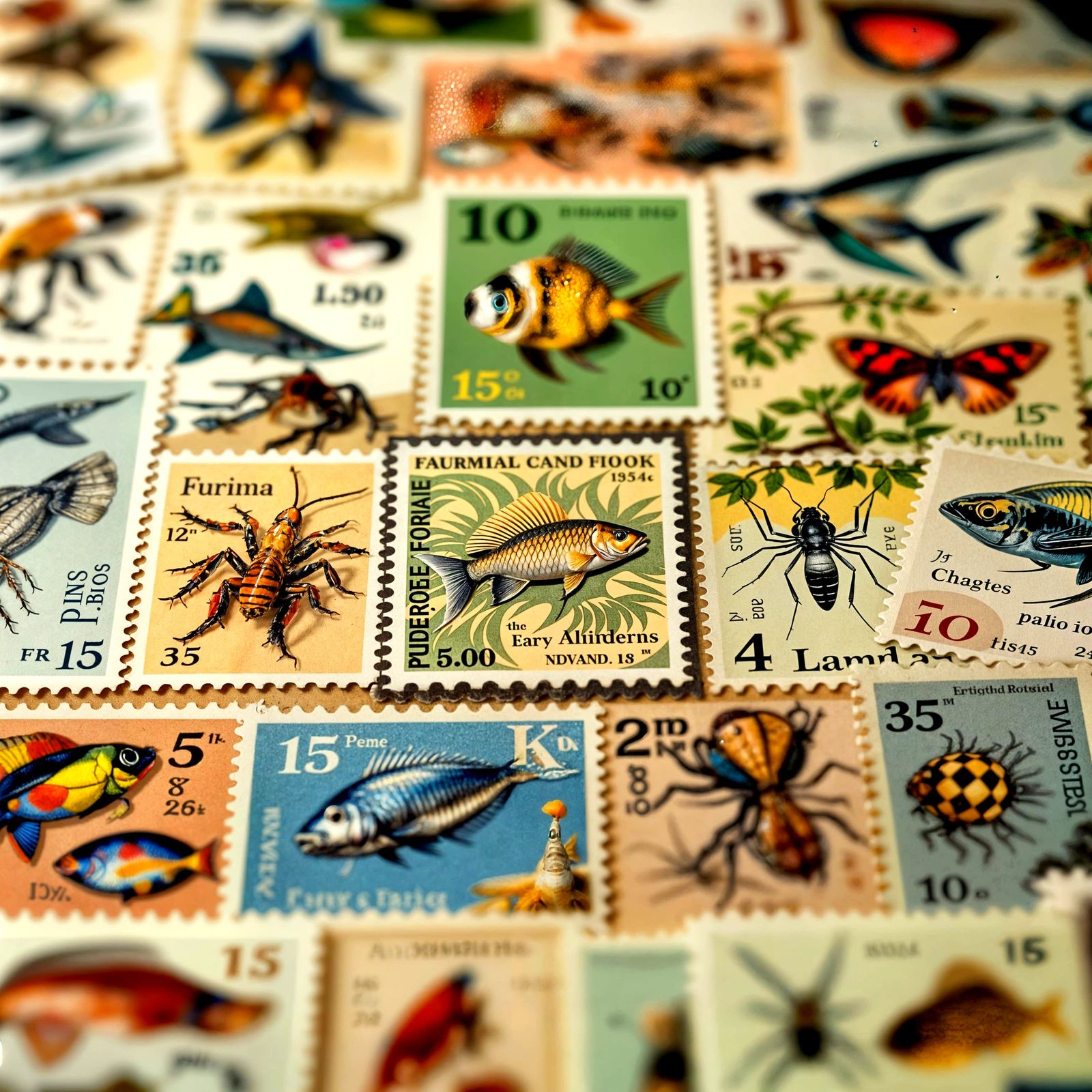 Vintage Postage Stamp Flat Lay: Exotic Fauna Collection