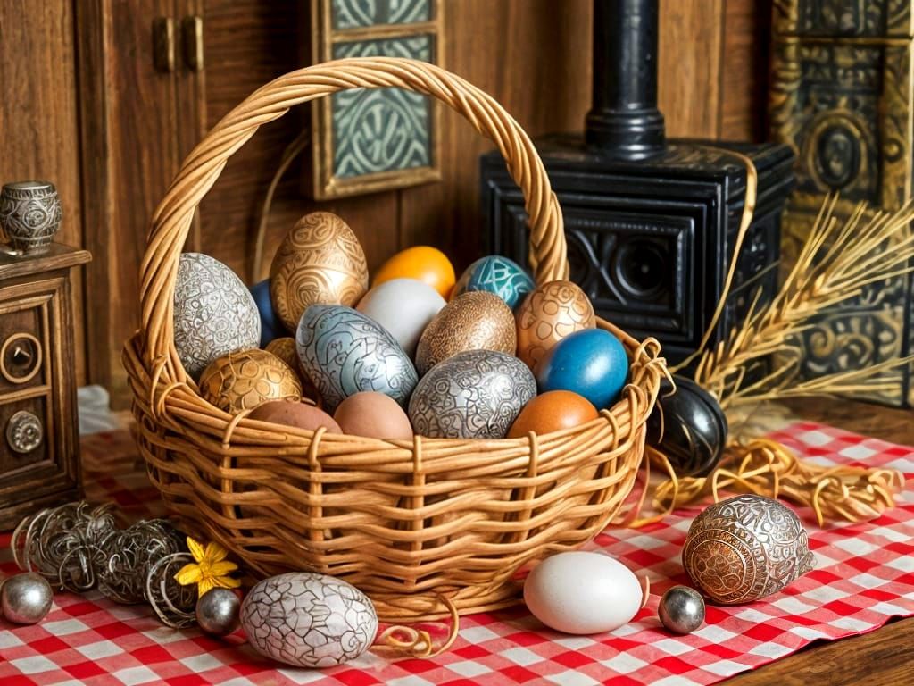 Vibrant Easter Wicker Basket with Eggs and Wildflowers in Ru...
