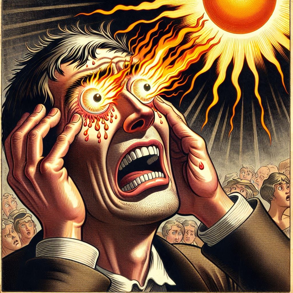Funny Cartoon Man Burns Eyes Looking at Sun