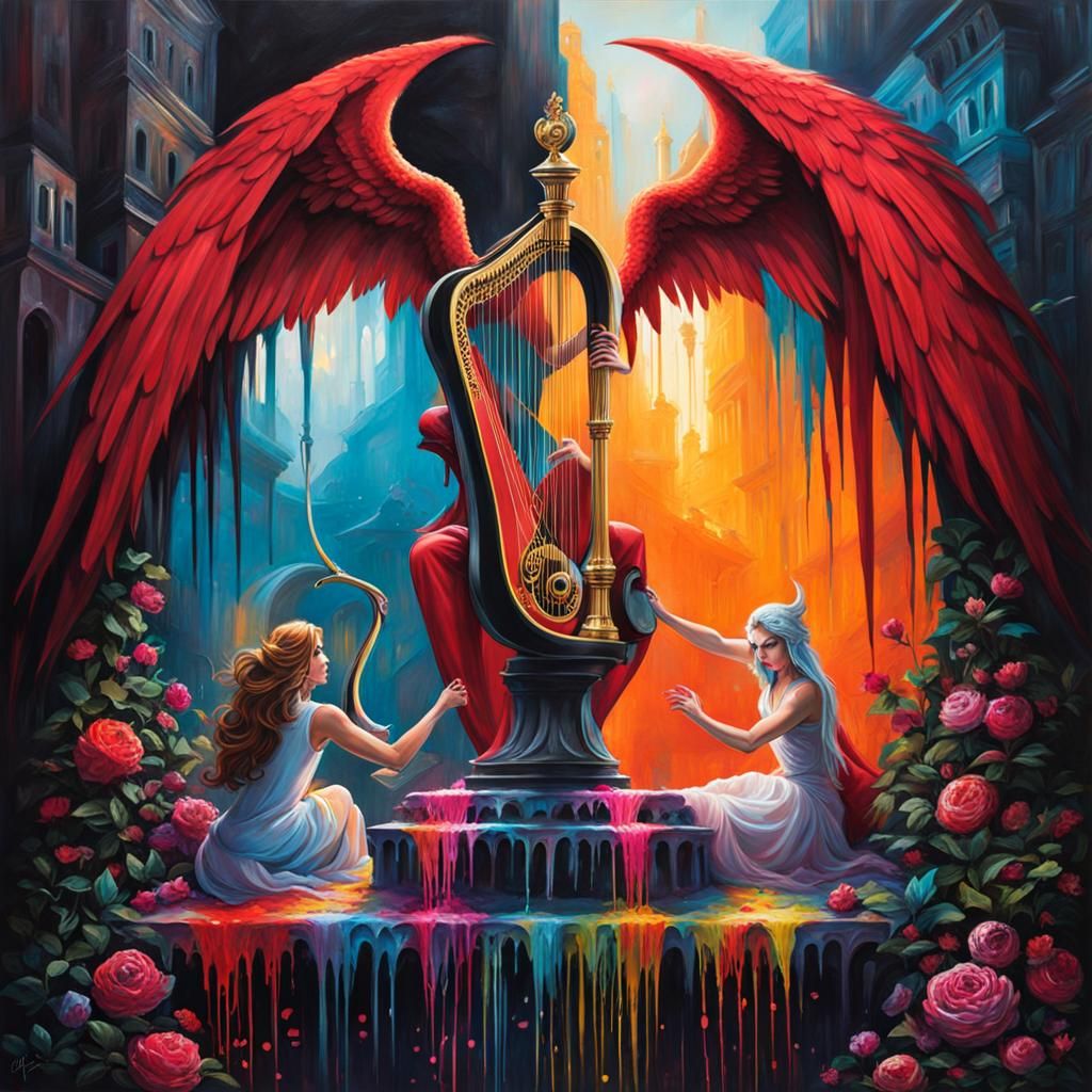 Angel Strikes Demon with Harp in Graffiti Art