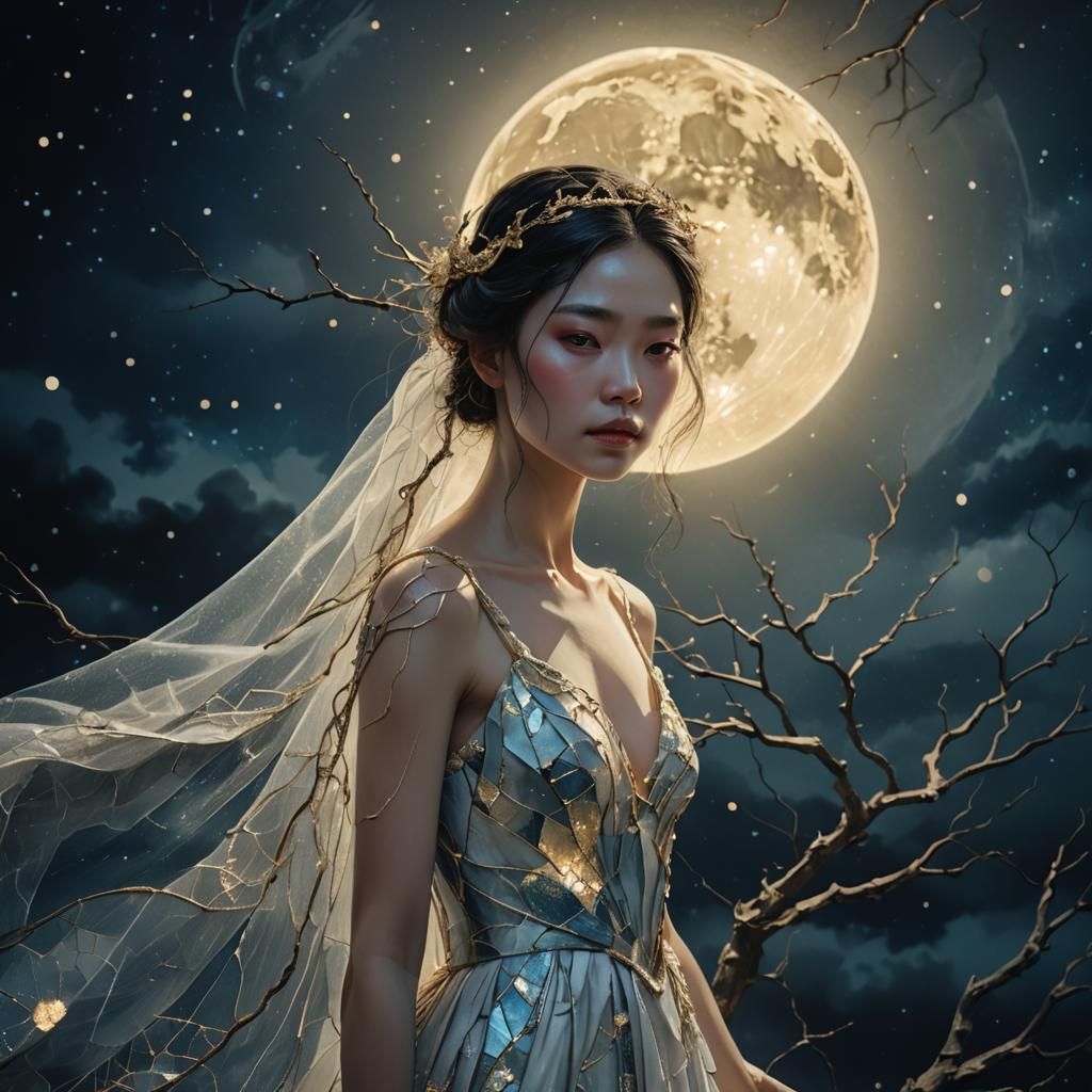 Kintsugi Bride Under Moonlight: Ethereal Digital Art