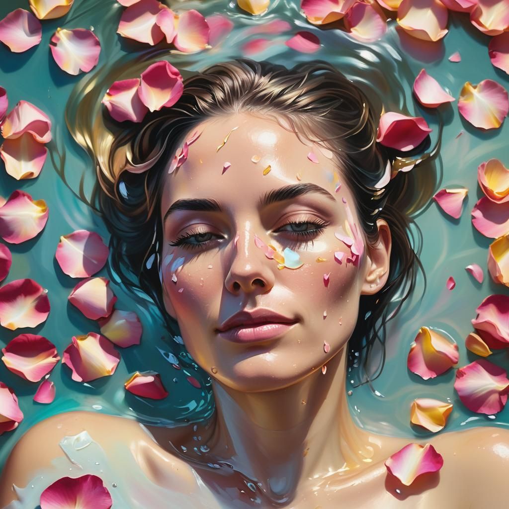 Woman in Rose Bath: Oil Painting Splash Art