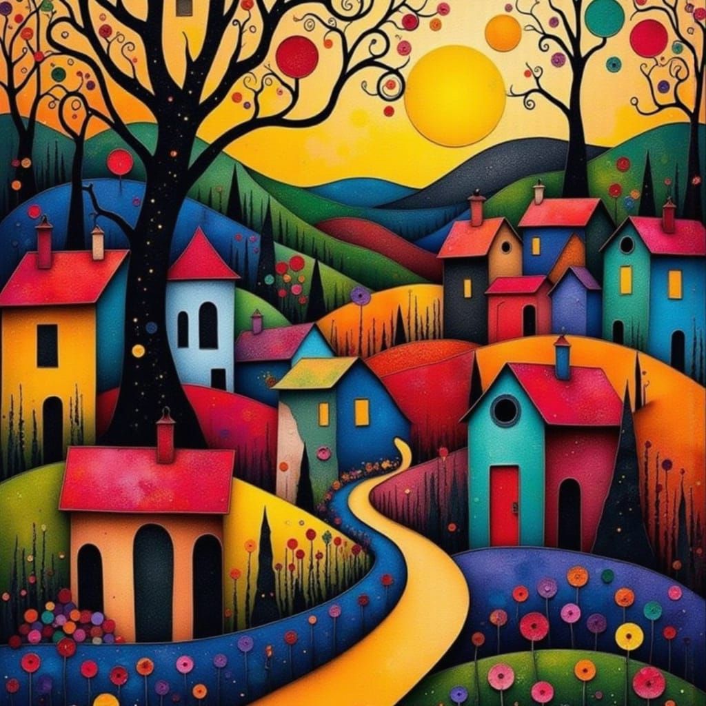 Vibrant, Miró-Inspired Landscape with Glowing Sun and Twiste...
