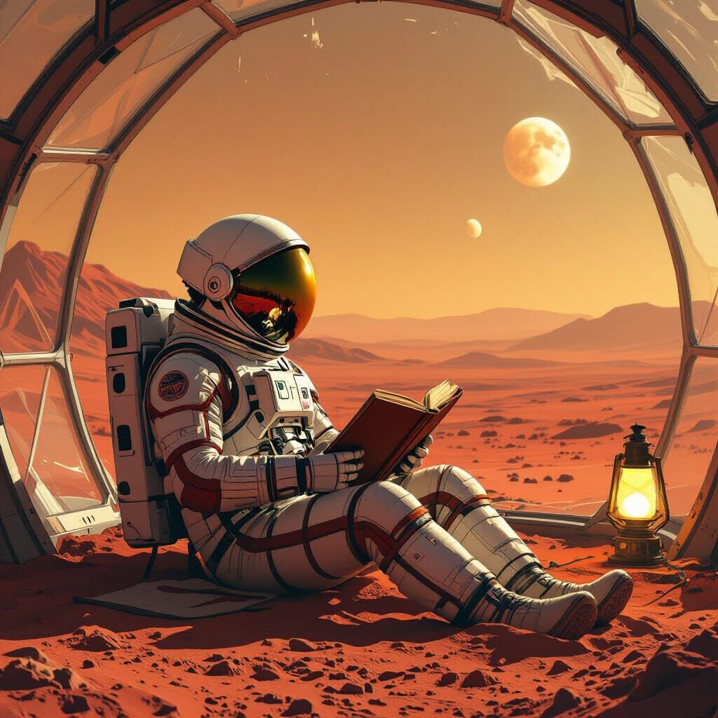 Astronaut Reads on Mars in Dystopian Biodome
