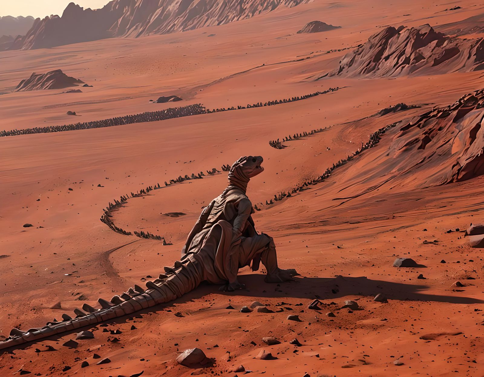 Colossal Reptile God's Demise on Arid Planet