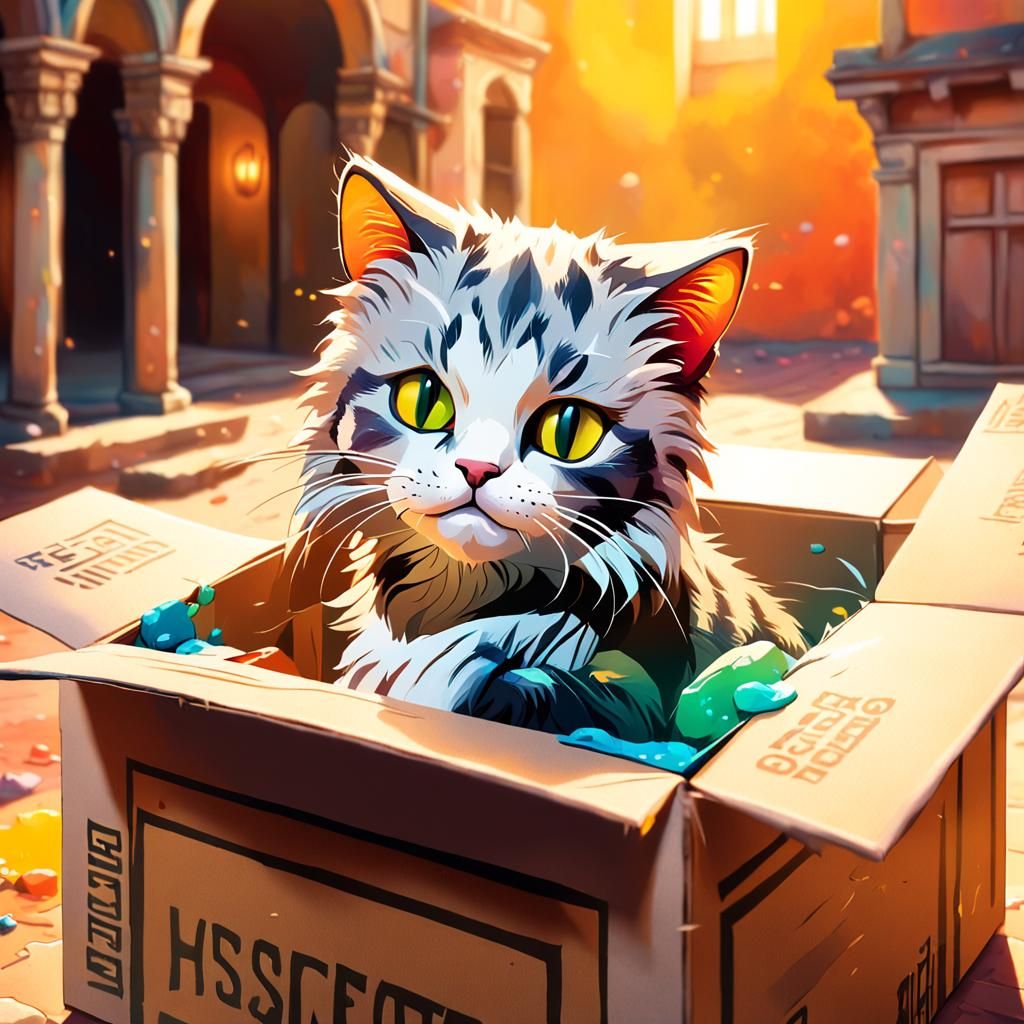 Cat in a Box, Vicenza: Hyperrealistic Splash Art