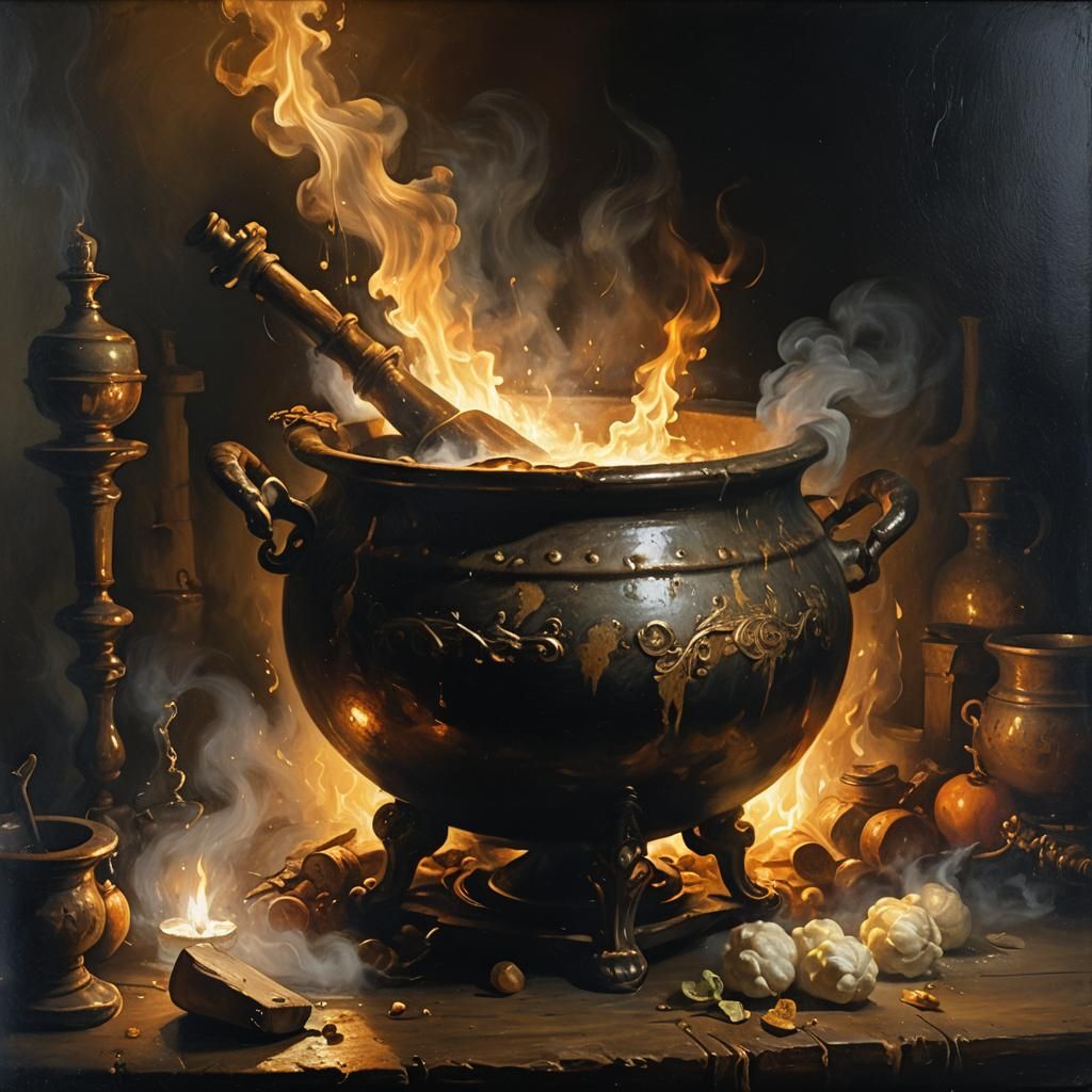 Potion Brewing in a Cauldron: Baroque Oil Painting