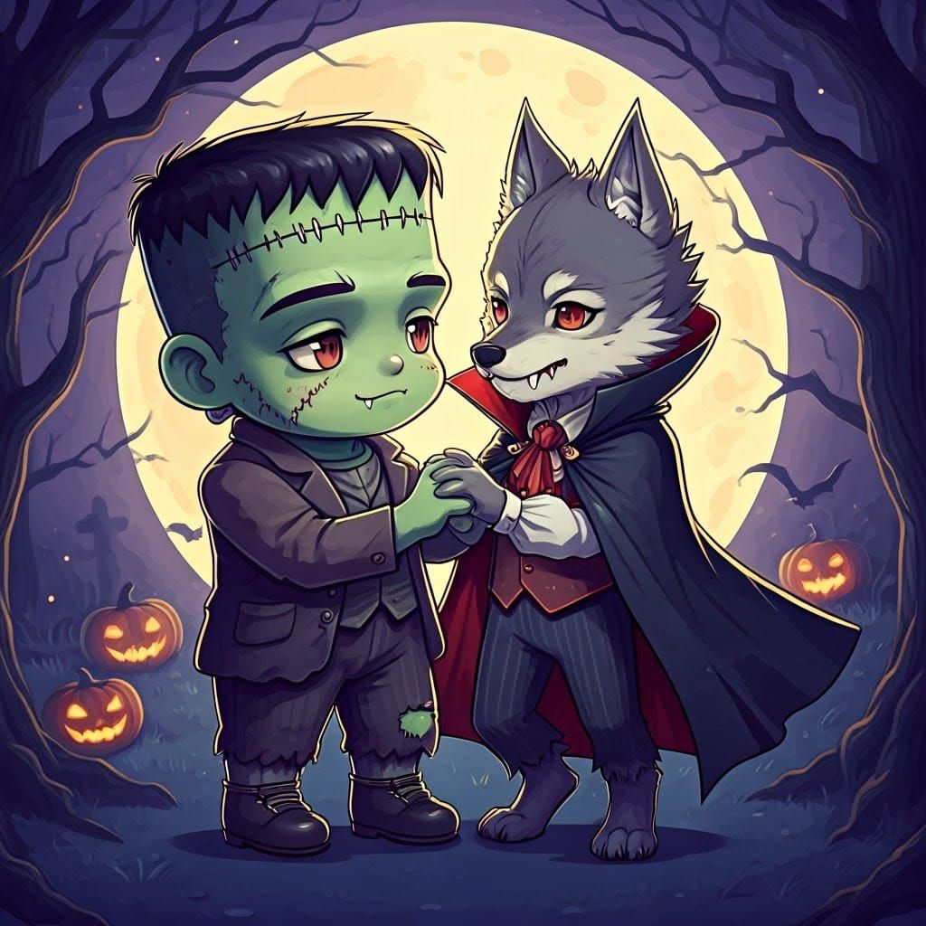 Chibi Frankenstein and Vampire Werewolf Dance
