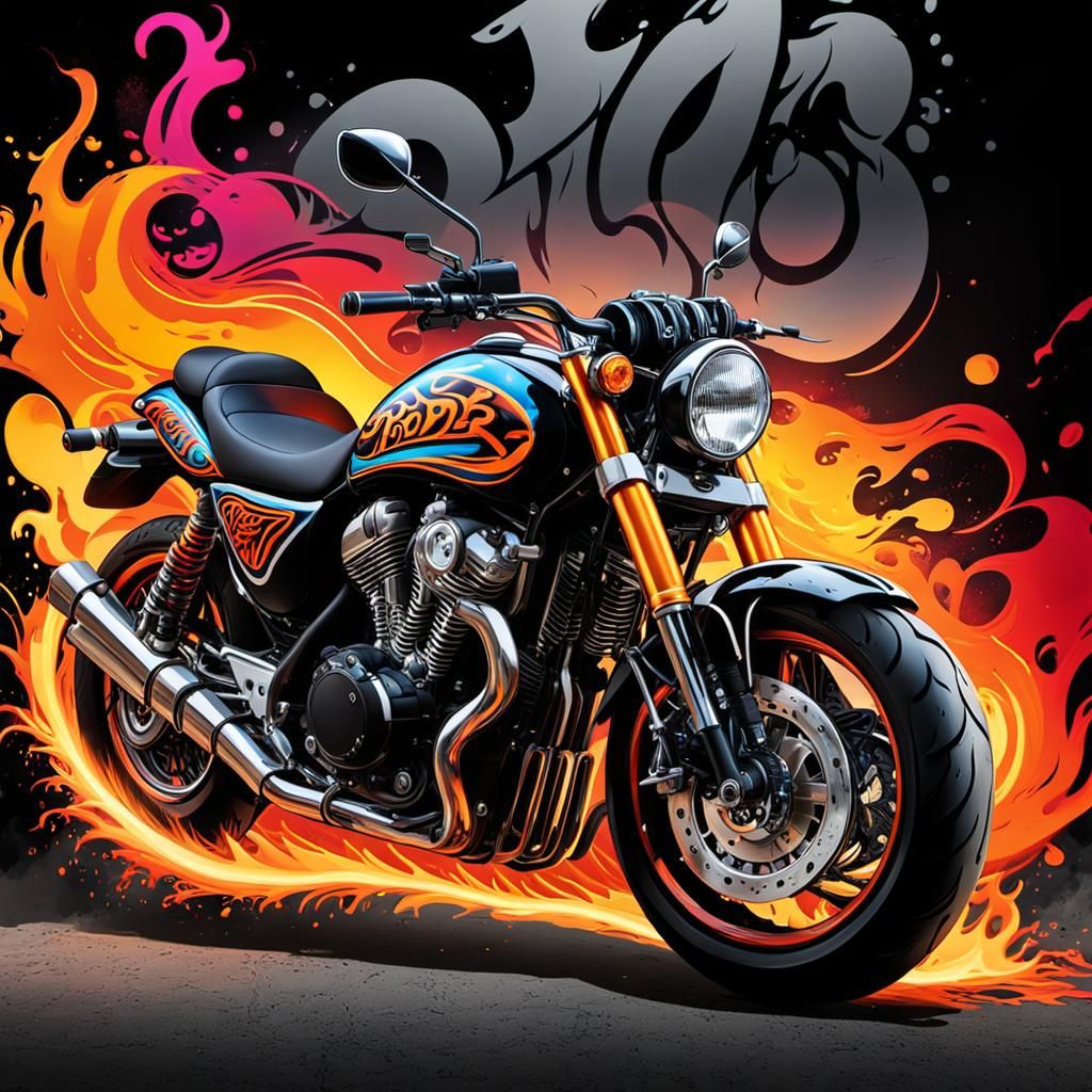 Dynamic Street Art Graffiti with Motorcycle and Fire