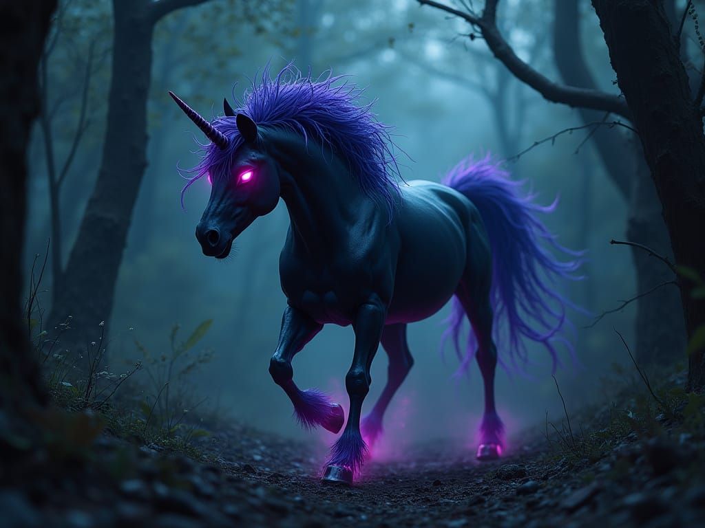 Menacing Black Unicorn in Dark Fantasy Forest