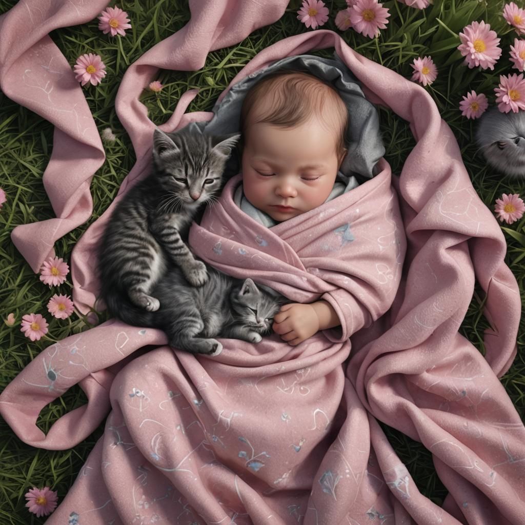 Baby Girl and Kitten Sleeping in a Field